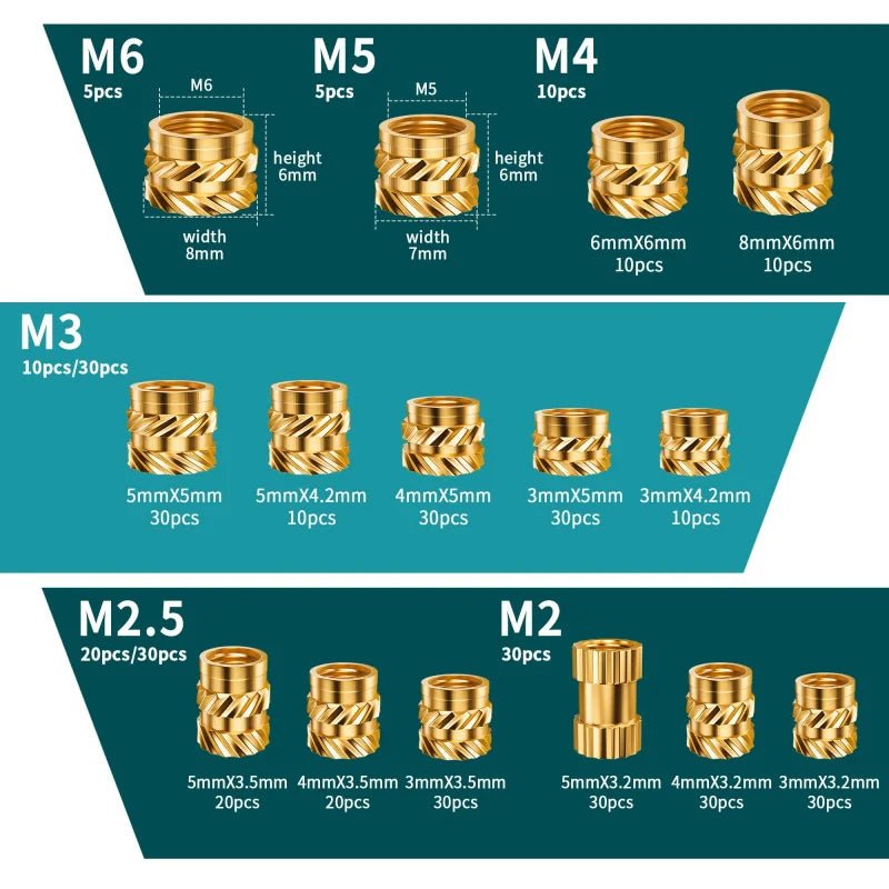 300PCS M2 M2.5 M3 M4 M5 M6 Brass Heat Set Inserts for 3D Printing, Knurled Threaded Nuts, Plastic Embedding Fasteners - Tango's Tech300PCS M2 M2.5 M3 M4 M5 M6 Brass Heat Set Inserts for 3D Printing, Knurled Threaded Nuts, Plastic Embedding FastenersTango's TechTango's Tech