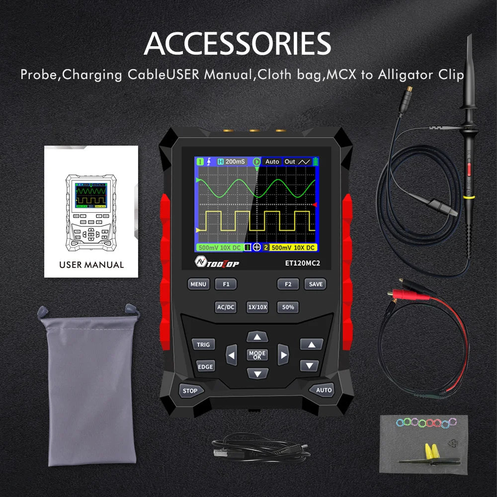 TOOLTOP ET120MC2 PRO Handheld Oscilloscope — 2-Channel 120MHz, 500MSa/s with Built-In Signal Generator