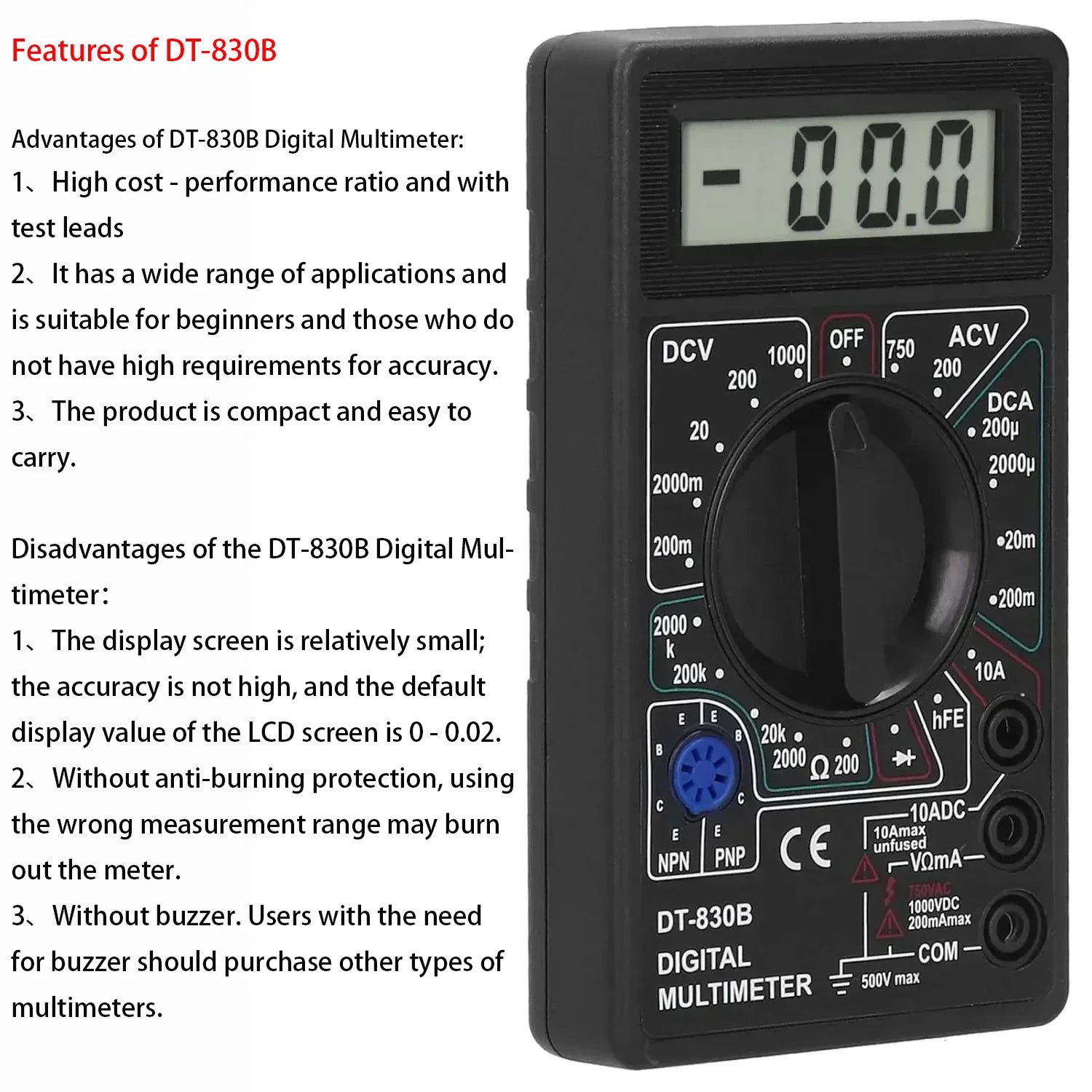 Digital Multimeter DT830B — Handheld Voltmeter, Ammeter & Continuity Tester