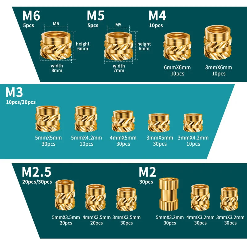 300PCS M2 M2.5 M3 M4 M5 M6 Brass Heat Set Inserts for 3D Printing, Knurled Threaded Nuts, Plastic Embedding Fasteners