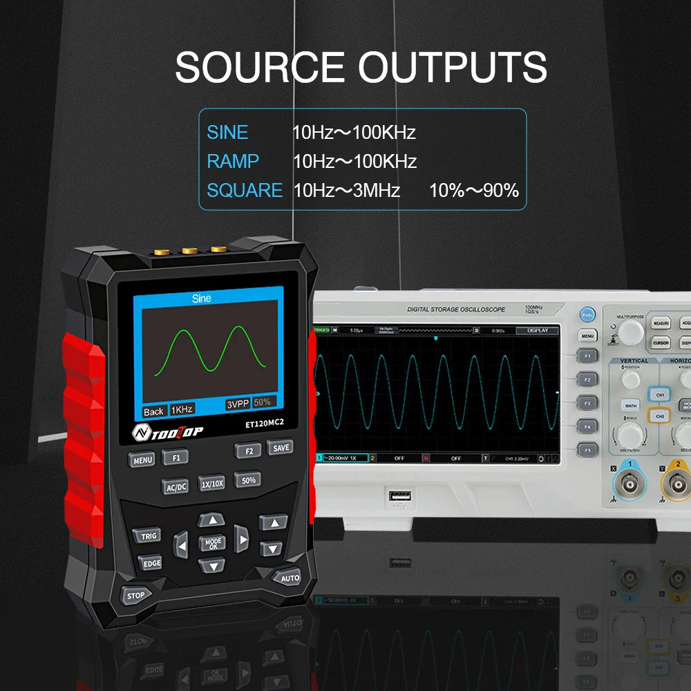 TOOLTOP ET120MC2 PRO Handheld Oscilloscope — 2-Channel 120MHz, 500MSa/s with Built-In Signal Generator