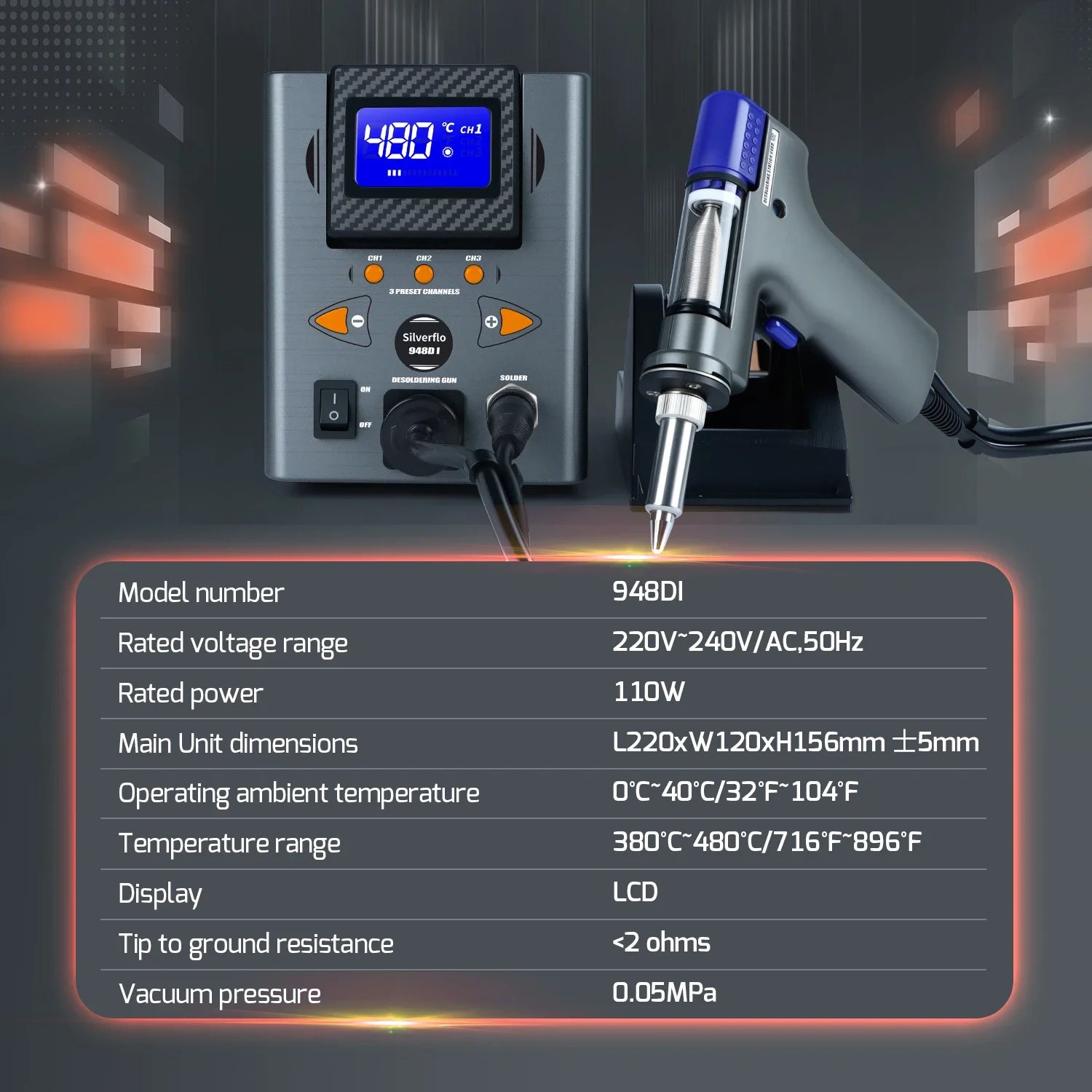 Silverflo 948D-I Desoldering Station 110W Suction Tin Gun Soldering Suction
