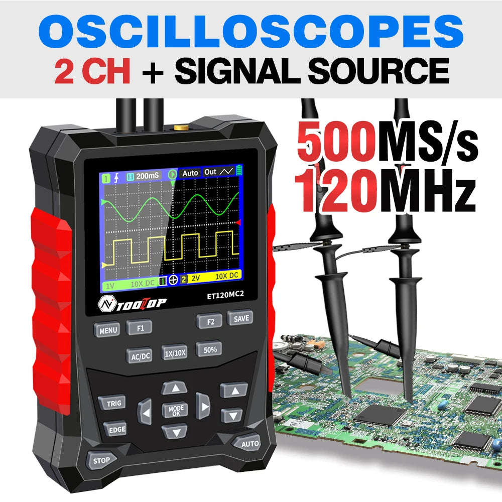 TOOLTOP ET120MC2 PRO Handheld Oscilloscope — 2-Channel 120MHz, 500MSa/s with Built-In Signal Generator