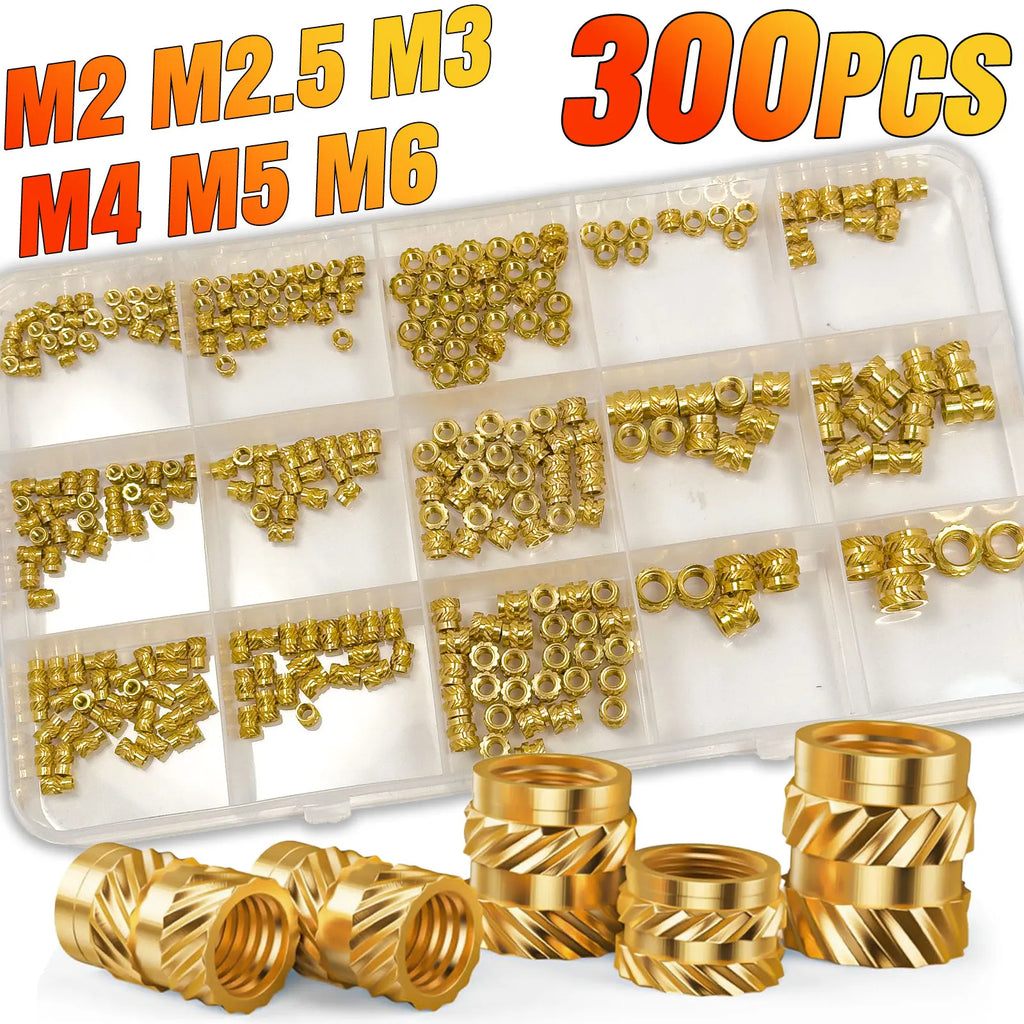 300PCS M2 M2.5 M3 M4 M5 M6 Brass Heat Set Inserts for 3D Printing, Knurled Threaded Nuts, Plastic Embedding Fasteners