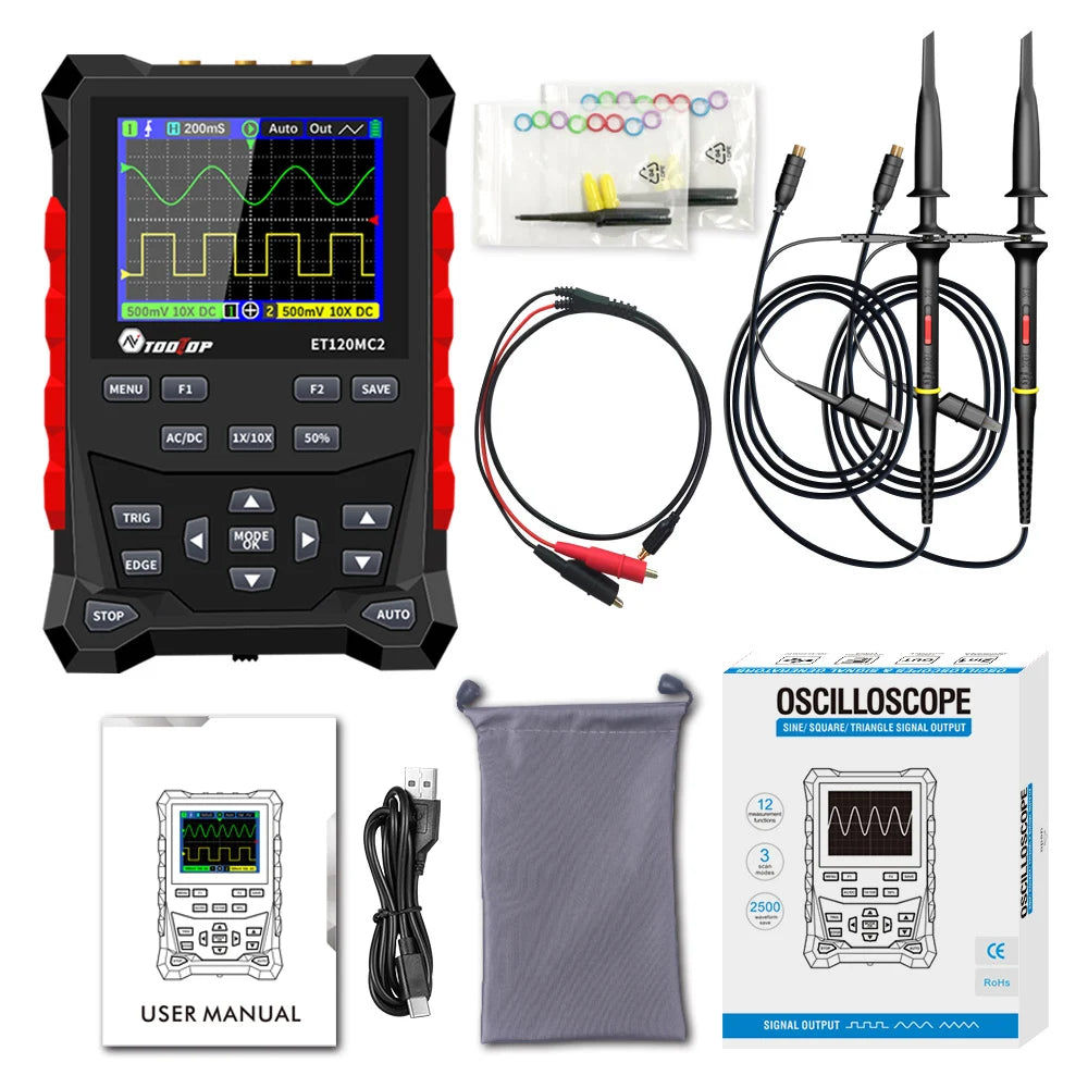 TOOLTOP ET120MC2 PRO Handheld Oscilloscope — 2-Channel 120MHz, 500MSa/s with Built-In Signal Generator