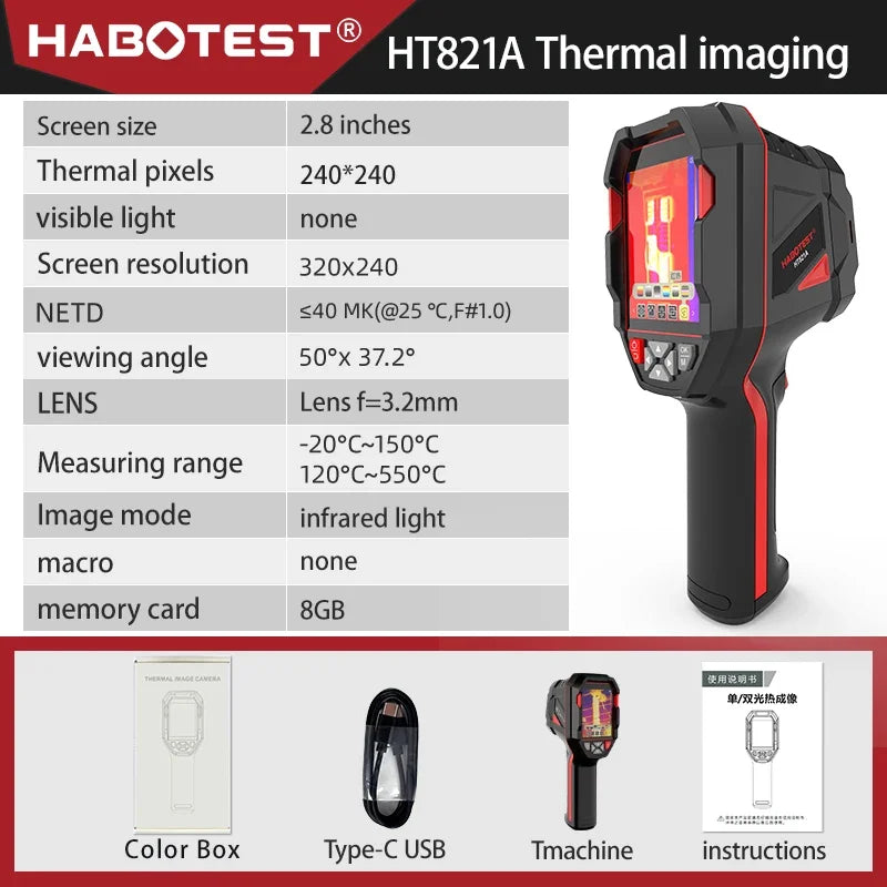 HABOTEST HT821A Handheld Thermal Imaging Camera — 240x240 IR Imager, -20~550°C, 25Hz Rechargeable