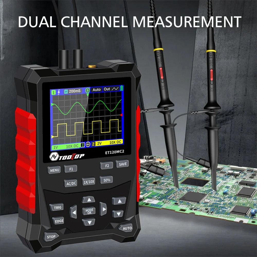 TOOLTOP ET120MC2 PRO Handheld Oscilloscope — 2-Channel 120MHz, 500MSa/s with Built-In Signal Generator