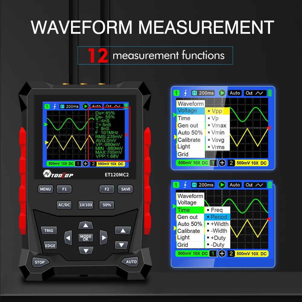 TOOLTOP ET120MC2 PRO Handheld Oscilloscope — 2-Channel 120MHz, 500MSa/s with Built-In Signal Generator