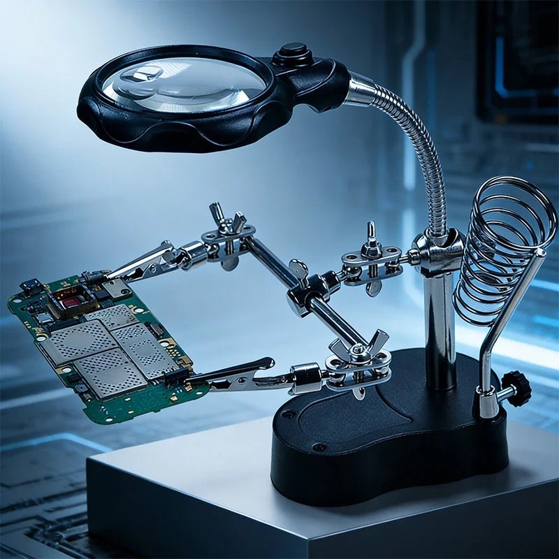 Helping Hands Soldering Station — 3.5X/12X Magnifier, Dual LED Lights & Adjustable Alligator Clips for PCB Work - Tango's TechHelping Hands Soldering Station — 3.5X/12X Magnifier, Dual LED Lights & Adjustable Alligator Clips for PCB WorkTango's TechTango's Tech