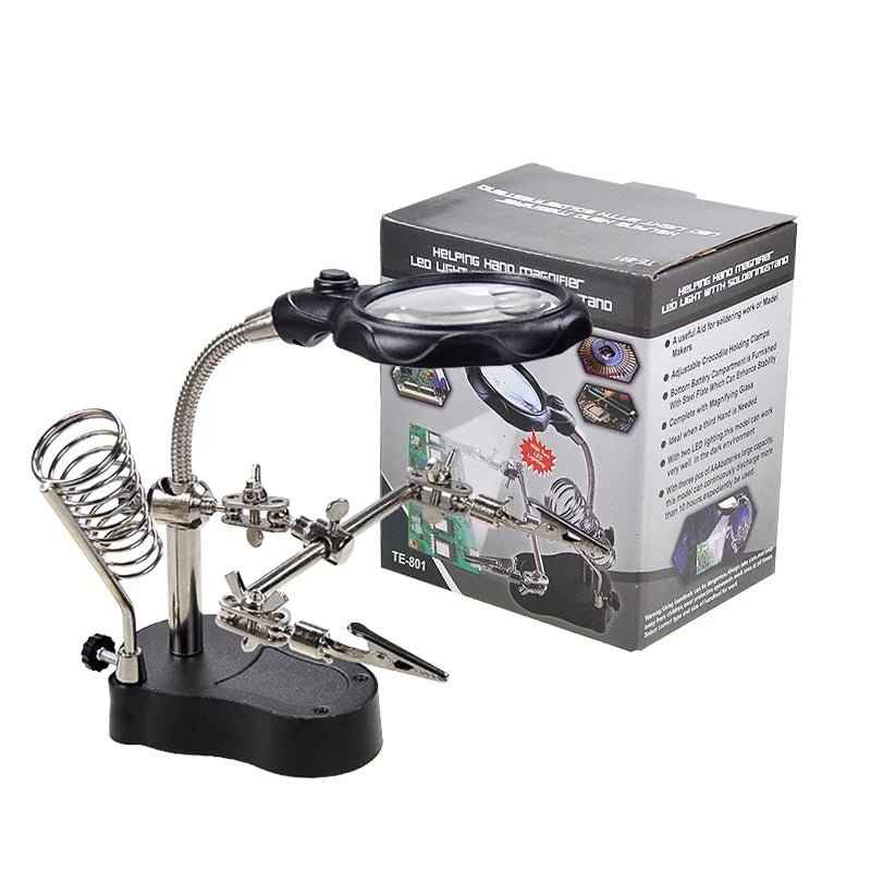 Helping Hands Soldering Station — 3.5X/12X Magnifier, Dual LED Lights & Adjustable Alligator Clips for PCB Work - Tango's TechHelping Hands Soldering Station — 3.5X/12X Magnifier, Dual LED Lights & Adjustable Alligator Clips for PCB WorkTango's TechTango's Tech