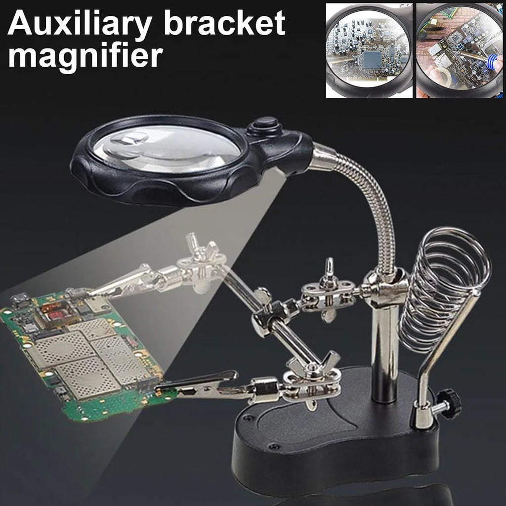 Helping Hands Soldering Station — 3.5X/12X Magnifier, Dual LED Lights & Adjustable Alligator Clips for PCB Work - Tango's TechHelping Hands Soldering Station — 3.5X/12X Magnifier, Dual LED Lights & Adjustable Alligator Clips for PCB WorkTango's TechTango's Tech