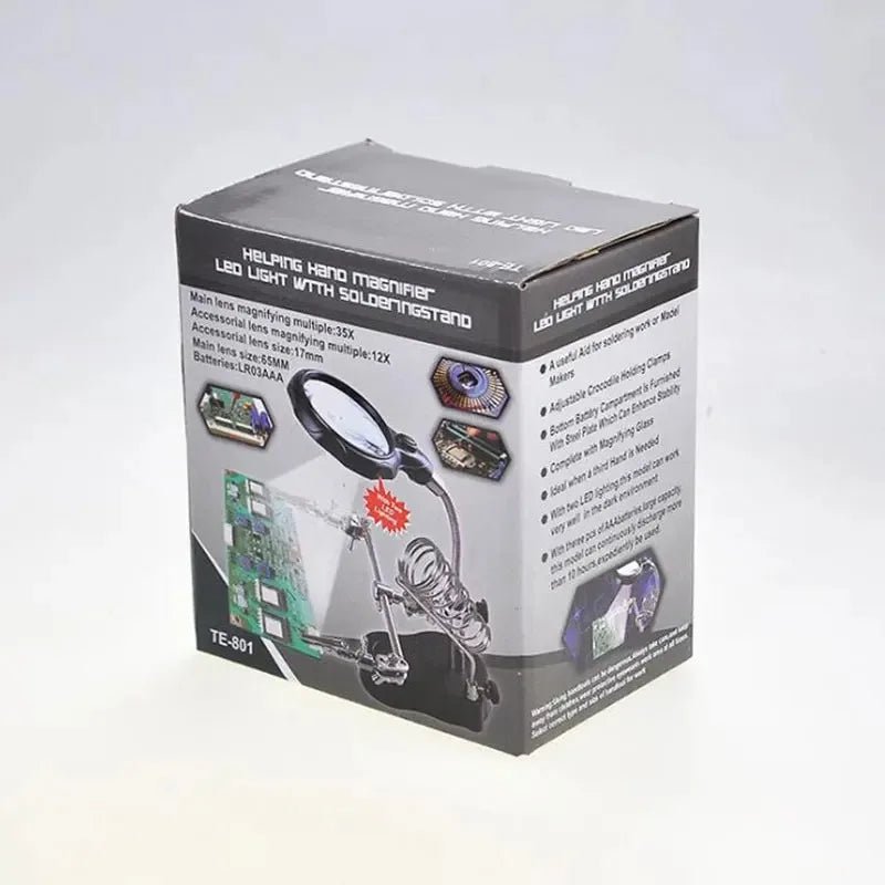 Helping Hands Soldering Station — 3.5X/12X Magnifier, Dual LED Lights & Adjustable Alligator Clips for PCB Work - Tango's TechHelping Hands Soldering Station — 3.5X/12X Magnifier, Dual LED Lights & Adjustable Alligator Clips for PCB WorkTango's TechTango's Tech