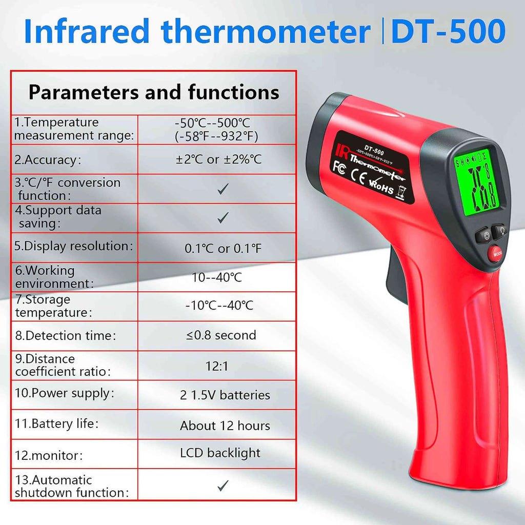 Infrared Thermometer Gun — Non-Contact Laser Pyrometer, -50~500°C with Backlit LCD - Tango's TechInfrared Thermometer Gun — Non-Contact Laser Pyrometer, -50~500°C with Backlit LCDTango's TechTango's Tech