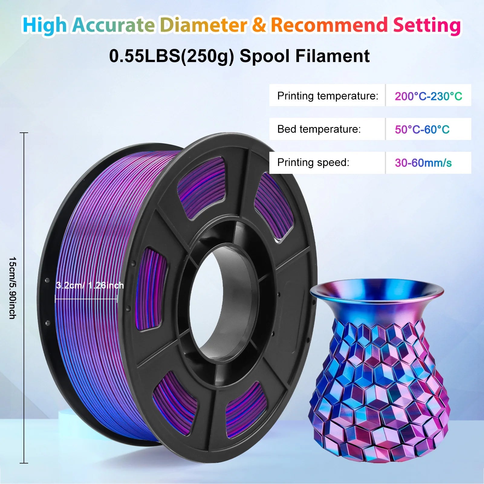 Silk PLA Filament 1.75mm Dual Color Blue Purple, 3D Printer Filament , 250g Spool(0.55lbs) Fits for Most FDM 3D Printers - Tango's TechSilk PLA Filament 1.75mm Dual Color Blue Purple, 3D Printer Filament , 250g Spool(0.55lbs) Fits for Most FDM 3D PrintersTango's TechTango's Tech