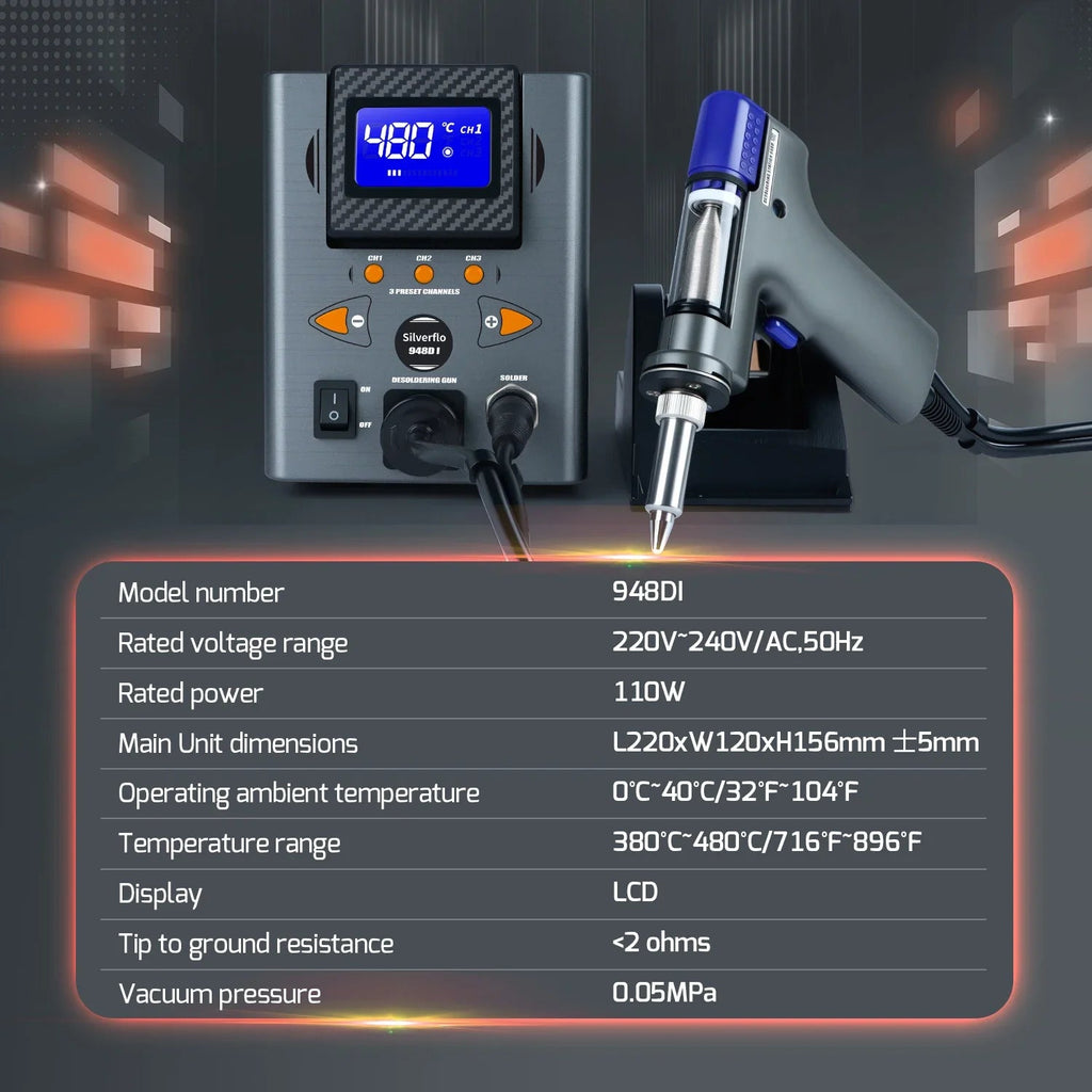 Silverflo 948D-I Desoldering Station 110W Suction Tin Gun Soldering Suction - Tango's TechSilverflo 948D-I Desoldering Station 110W Suction Tin Gun Soldering SuctionTango's TechTango's Tech