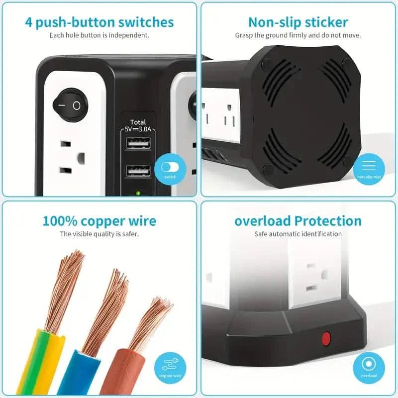 Surge Protector Tower 1800J with 4 USB A Ports, USB C (PD18W) Port, 12 AC Outlets and 10FT Cord - Tango's TechSurge Protector Tower 1800J with 4 USB A Ports, USB C (PD18W) Port, 12 AC Outlets and 10FT CordBatteries & Power AccessoriesDailySaleTango's Tech
