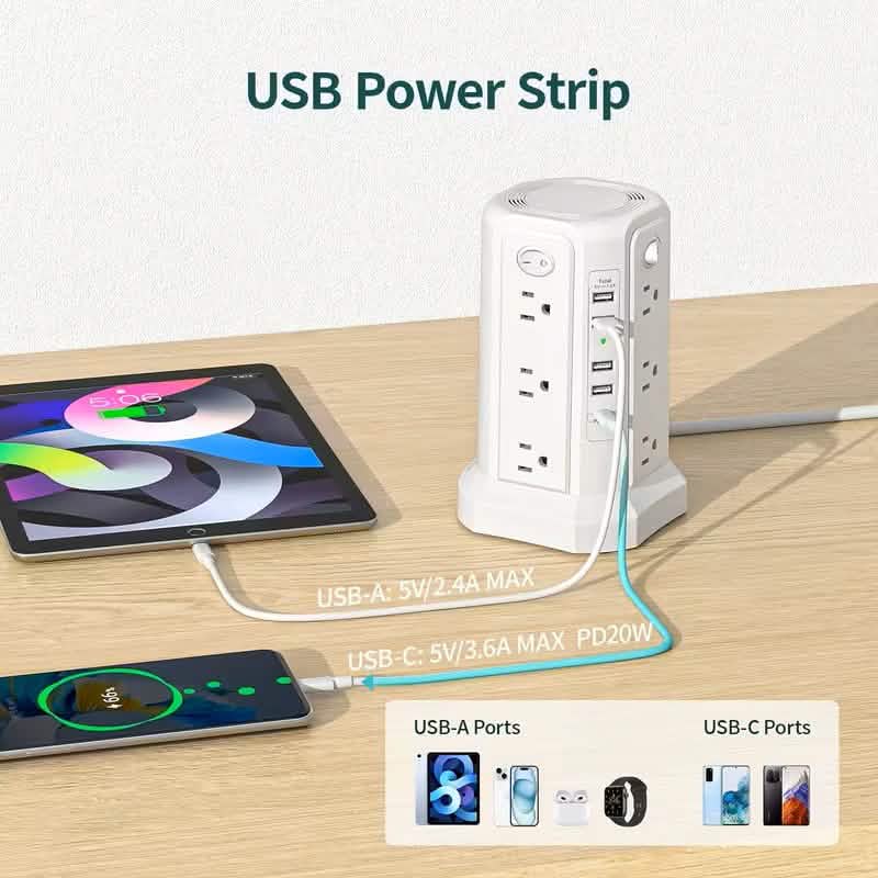 Surge Protector Tower 1800J with 4 USB A Ports, USB C (PD18W) Port, 12 AC Outlets and 10FT Cord - Tango's TechSurge Protector Tower 1800J with 4 USB A Ports, USB C (PD18W) Port, 12 AC Outlets and 10FT CordBatteries & Power AccessoriesDailySaleTango's Tech